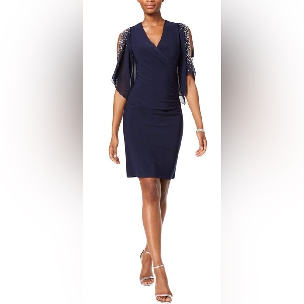 NWT MSK Womens Navy Stretch Embellished Cold Shoulder Sheer Bell Sleeve Petite S